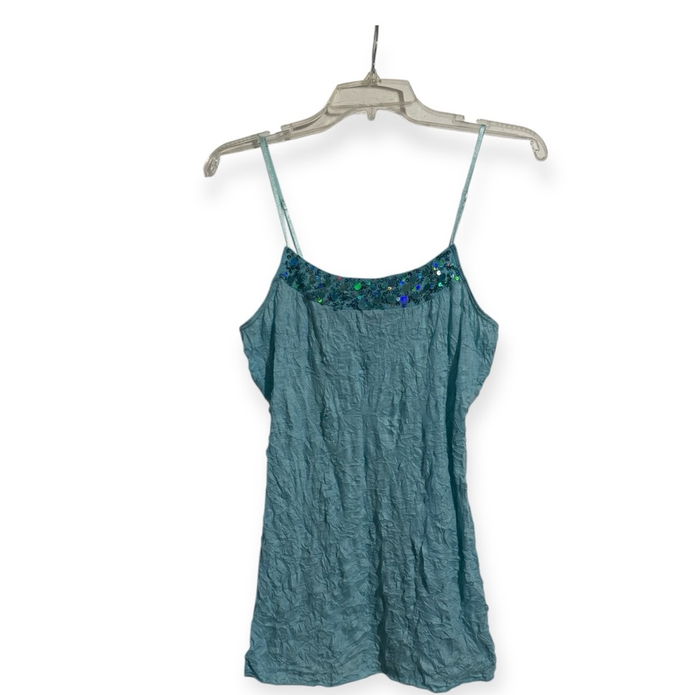 Crinkle Fabric Cami Tank Sequin Pastel Blue Large Streetwear Society Y2K Vintage